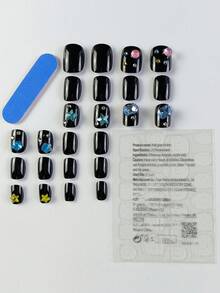 24pcs Short Black Oval-shaped False Nails With Star & Rhinestone Decoration For Casual And Cute Manicure Diy, Suitable For Pressing Nails In Parties, Dancing, Or Daily Wearing - Black - View 2