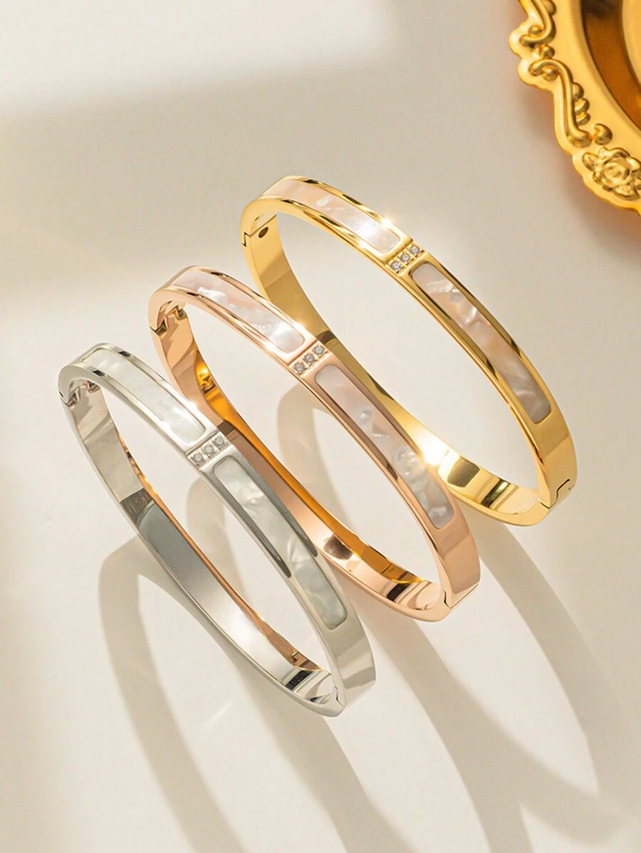 1 Pieza Brazalete De Acero Inoxidable Con Tres Piedras Strass Y Conchas Blancas, Accesorio Minimalista Y Moderno Con Estilo Europeo Y Americano - Multicolor - Ver 1