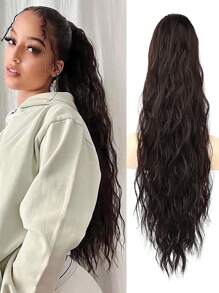 馬尾辮擴展,26英寸拉繩馬尾髮延長件,長卷曲波浪馬尾,自然波浪合成頭髮片,適用於女性日常使用聚會 - Dark Brown - 查看 1