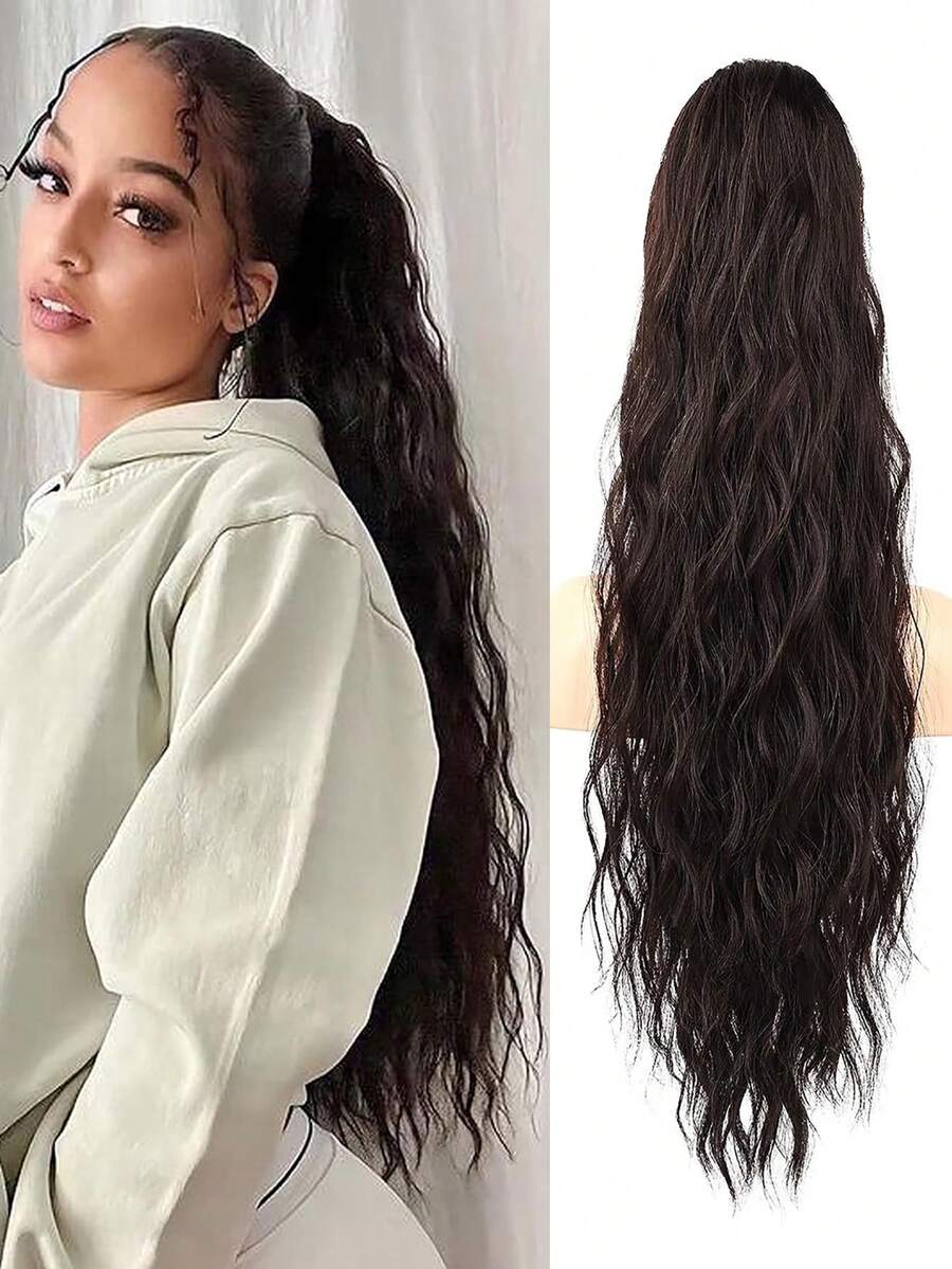 馬尾辮擴展,26英寸拉繩馬尾髮延長件,長卷曲波浪馬尾,自然波浪合成頭髮片,適用於女性日常使用聚會 - Dark Brown - 查看 1