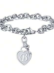 1pc Fashionable Heart Shaped Key & 26 English Letters Charm Bracelet, Chain Type