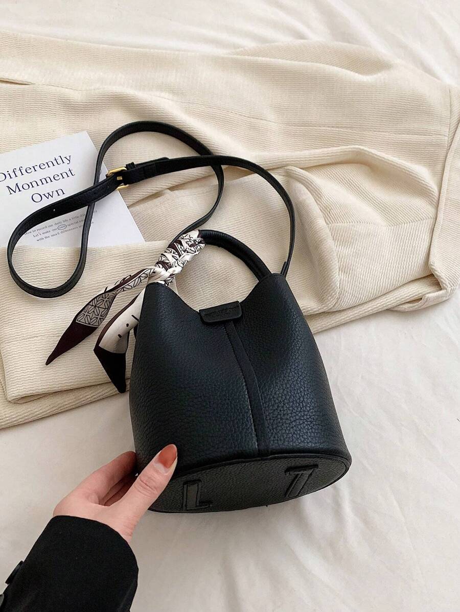 Women's Autumn/Winter New Fashion Simple Scarf PU Large Capacity Bucket Bag, Ladies Handbag & Shoulder Bag - Black - View 1