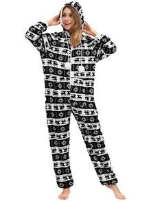 一片式女性聖誕小鹿和雪花圖案法蘭絨連身褲,睡衣和家居服 - 黑與白 - 查看 2