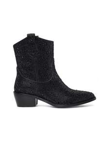 Heafell Của phụ nữ Pha lê Giày ống Cô gái cao bồi Phương Tây Bling Giày Boots Cowboy Long lanh Mắt cá chân Giày ống Ngắn Sợi tổng hợp Pha lê Pointed Toe Giày lười Giày dép Với Sáng bóng Dày Gót chân , Hoàn hảo Đối với Các bữa tiệc , Buổi hòa nhạc , Mua sắm , Âm nhạc Lễ hội , Mùa Thu Và Mùa Đông - màu đen - Xem 2