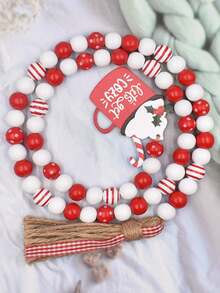 1pc Christmas Themed Tassel & Bead Decoration Made Of Creative Colored Wooden Beads And Jute Rope, Suitable For Christmas Party Supplies - Red and White - View 2