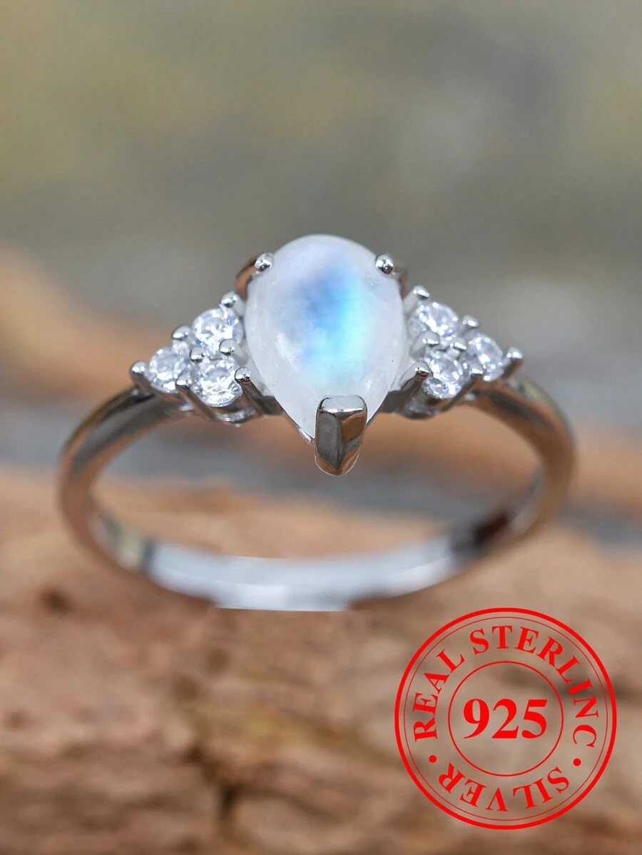 月長石裝飾純銀戒指 - 銀色 - 查看 1