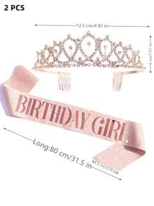 2pcs Birthday Girl Decorative Sash & Rhinestone Decor Hair Hoop Set For Women - Champagne - View 2