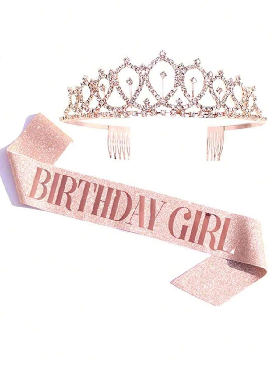 2pcs Birthday Girl Decorative Sash & Rhinestone Decor Hair Hoop Set For Women - Champagne - View 1