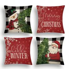 4 件裝聖誕主題亞麻枕套,黑白格子,聖誕老人,聖誕樹,雪人,紅色字母印花 - 紅色聖誕老人-4pcs - 查看 1
