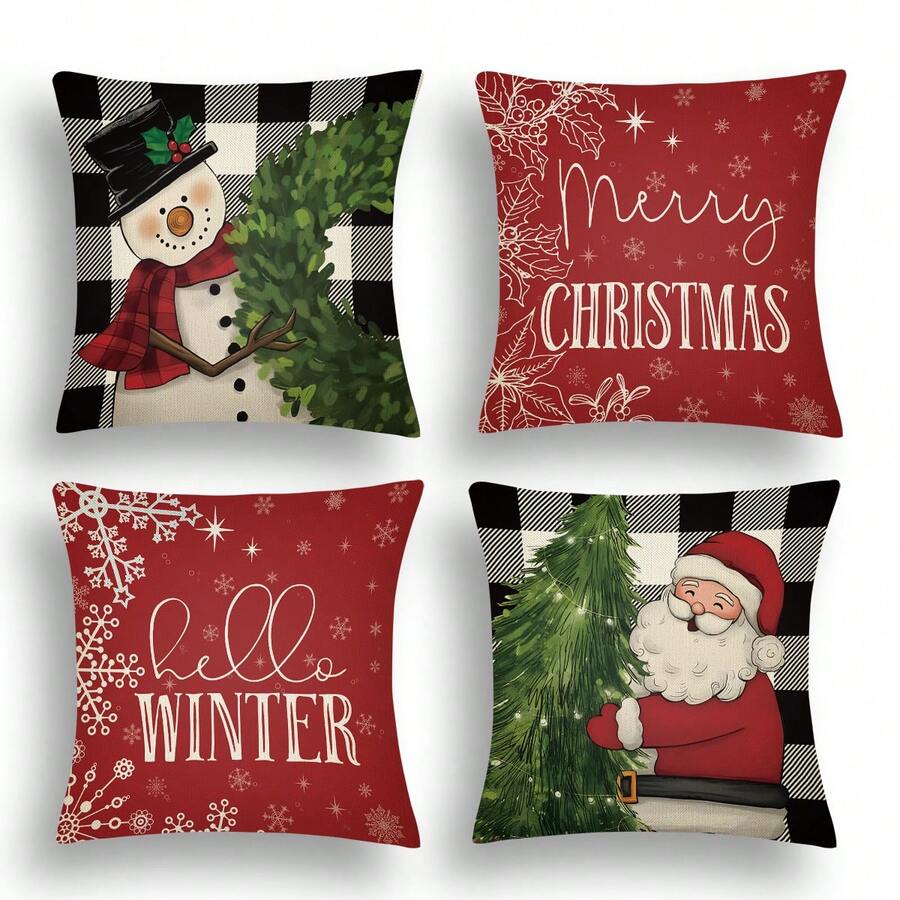 4 件裝聖誕主題亞麻枕套,黑白格子,聖誕老人,聖誕樹,雪人,紅色字母印花 - 紅色聖誕老人-4pcs - 查看 1