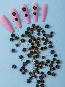 104 Pcs/Set 3D Kawaii Matte Black Rose Flower Sparkling Resin Multi-Model Mix Nail Art Decoration Parts DIY Spring And Summer Solid Color Flat Back Camellia Mixed Sizes Golden Steel Beads Rhinestone Sunflower Suitable For Party Casual Cute Girl Art Nail Art Accessories Four Seasons Style Japanese And Korean Style Nail Charms Nail Gems Nail Supplies