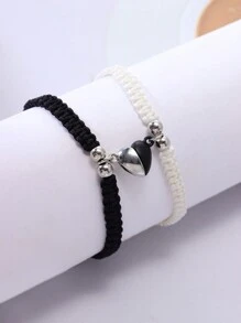 2pcs Handmade Magnetic Heart Shaped Adjustable Couple Bracelets, Ideal For Couples, Friends And Gift Giving Valentines,Mom,Mother,Mother's Day,Gift