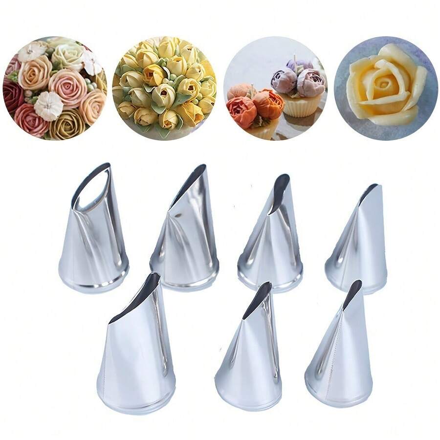 7件套褶皱裱花嘴套装，304不锈钢裱花嘴，用于蛋糕装饰，烘焙用品 - 銀色 - 查看 1