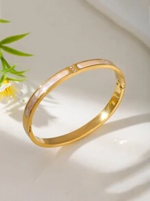 1 Pieza Brazalete De Acero Inoxidable Con Tres Piedras Strass Y Conchas Blancas, Accesorio Minimalista Y Moderno Con Estilo Europeo Y Americano - Multicolor - Ver 2