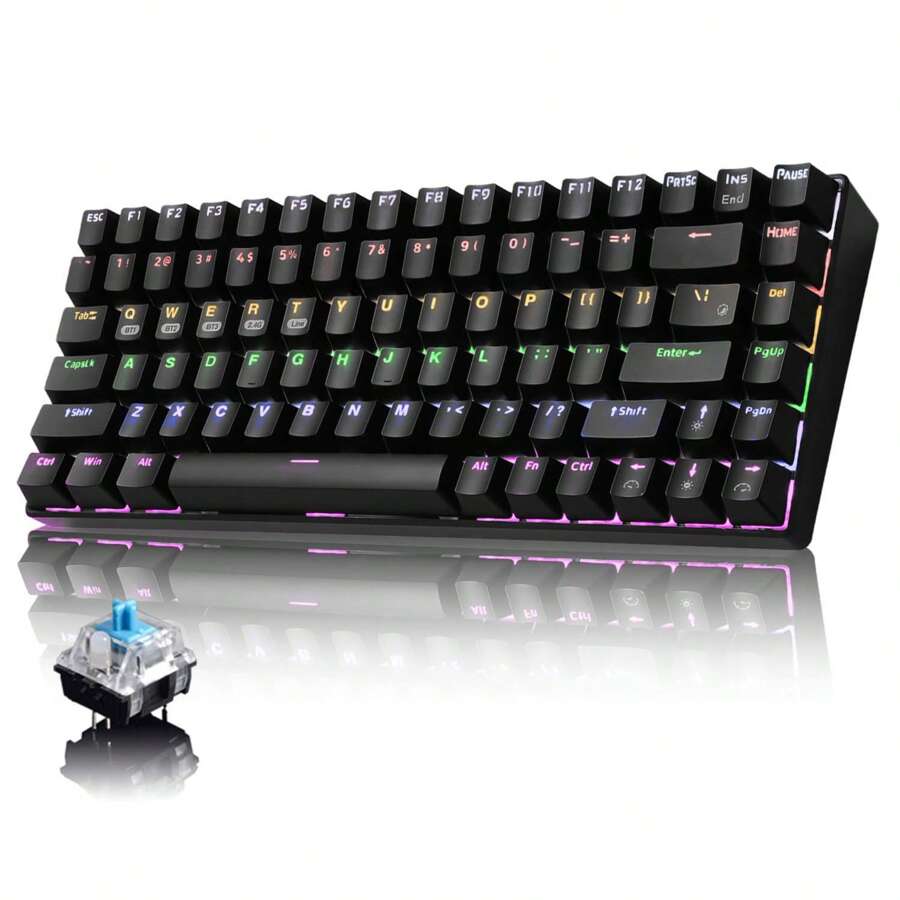 Wireless Gaming Keyboard Mechanical Blue LED Backlit Bluetooth 5.0/Wireless 2.4G/Wired 84 Keys Mini Keyboard With Rechargeable 3000mAh Battery Brown Switches Type-C USB Receiver For Windows Gaming PC - 黑色混光 - 查看 1