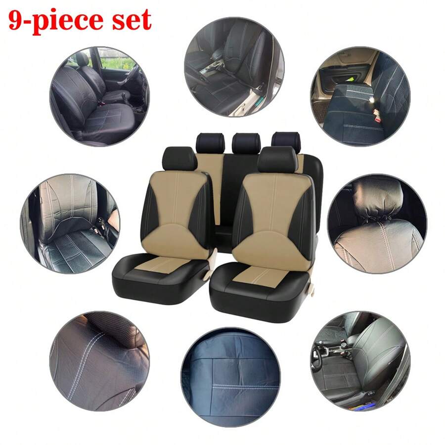 9入組通用5座位汽車座椅套裝,人造皮革和pu皮革,米色 - 米色 - 查看 1