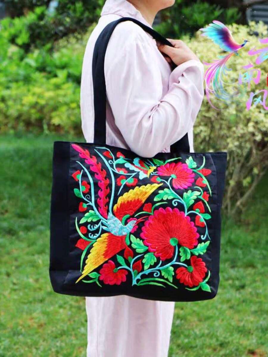 Women's Embroidered Large Bag, Literature And Art Retro Shoulder Bag, Simple Cloth Bag,  Portable Shopping Bag - 紅色 - 查看 1