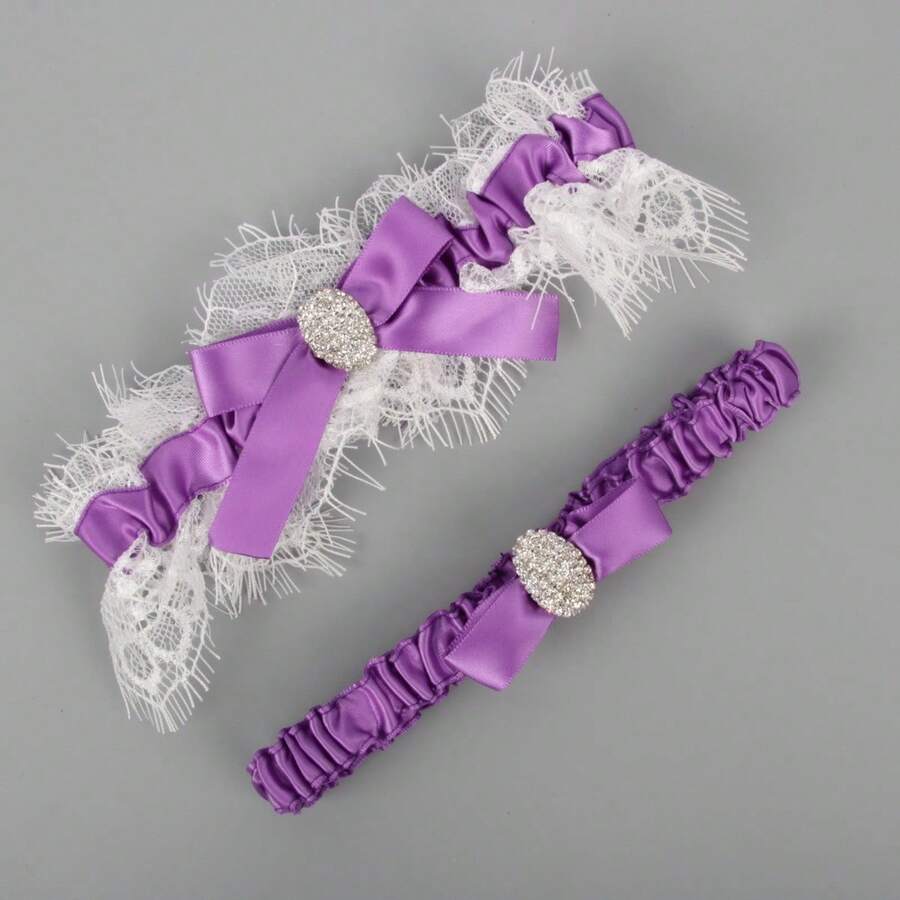 女士紫色蕾絲襪帶,鑲嵌蝴蝶鑽石設計,帶腿鏈和襪子夾,適用於派對和婚紗配件 - 紫色 - 查看 1