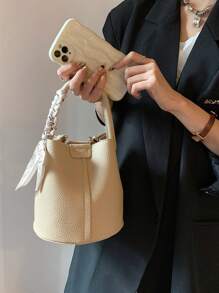 Women's Autumn and Winter New Fashion Simple with Silk Scarf PU Large Capacity Bucket Bag Women's Handbag Crossbody Bag