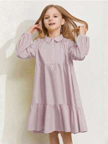 幼兒女童寬鬆長袖襯衫連衣裙,設計別緻,秋季系列 - 紫色 - 查看 2