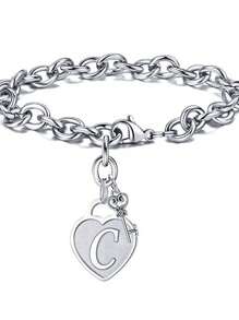 1pc Fashionable Heart Shaped Key & 26 English Letters Charm Bracelet, Chain Type