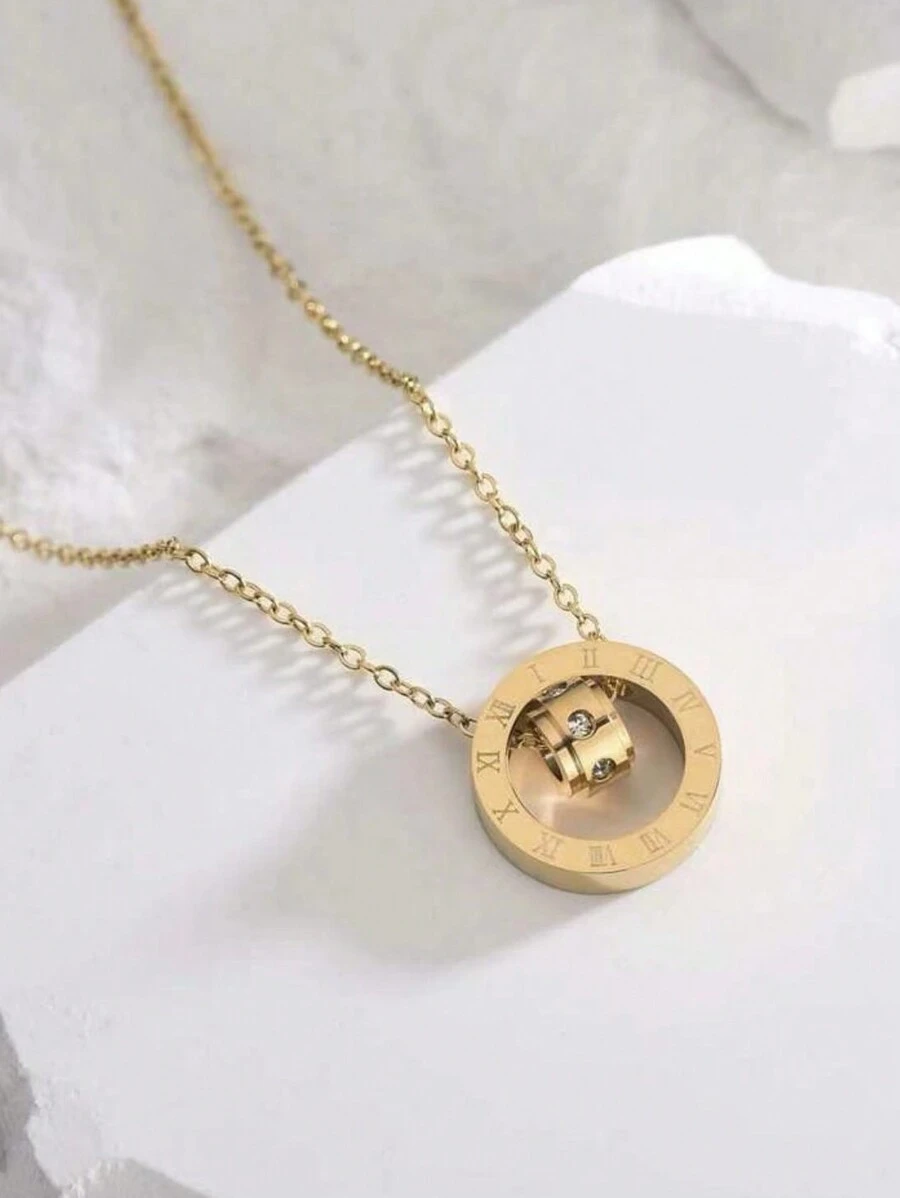 1pc Roman Double Rings CZ Decor Stainless Steel Pendant Necklace