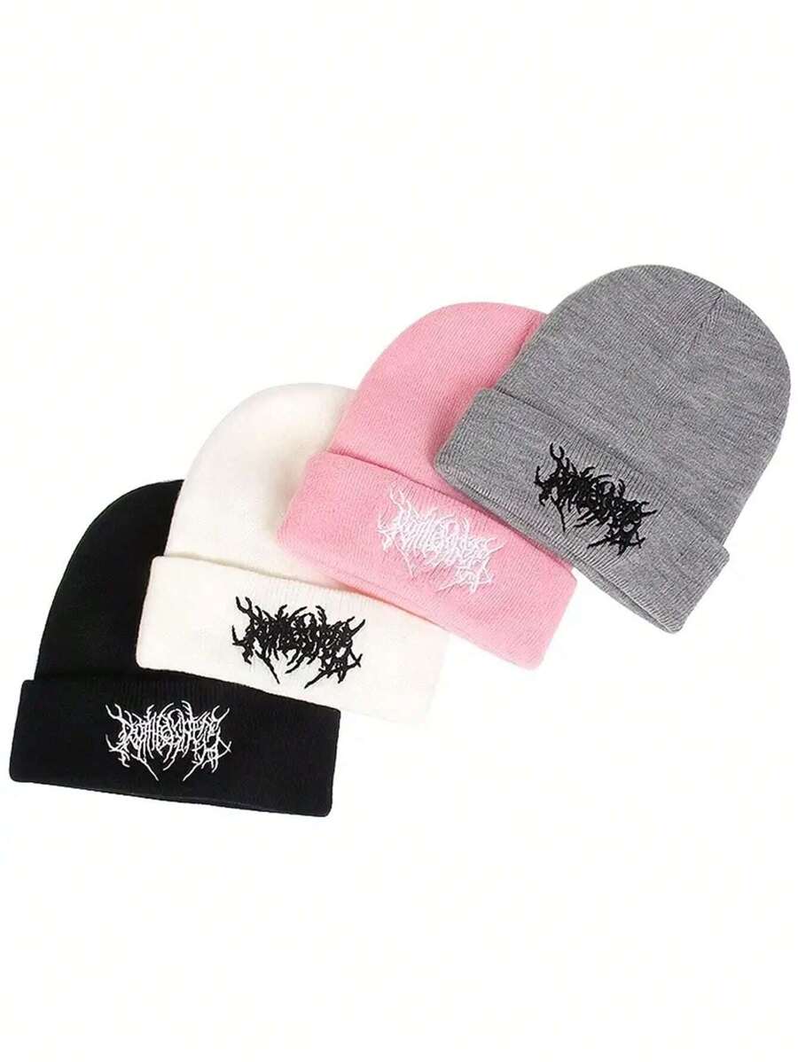 1 chiếc mũ len đan thêu thường ngày cho nam, ấm áp và phù hợp để mặc hàng ngày, với họa tiết không có chữ trang phục mùa thu - Hồng - Xem 1