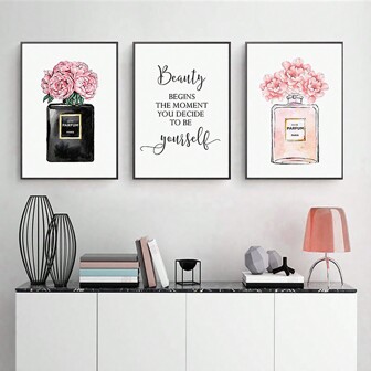 3pcs Stylish Pink Flower Perfume Bottle Artwork, Modern Minimalist Canvas Print Rectangle Home Decor Posters For Living Room, Bedroom, Unframed