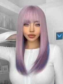 22英寸玫瑰粉紫色合成纖維防熱假髮,直髮和瀏海假髮,價格實惠的時尚女性假髮,日常使用初學者友好