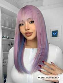 22英寸玫瑰粉紫色合成纖維防熱假髮,直髮和瀏海假髮,價格實惠的時尚女性假髮,日常使用初學者友好
