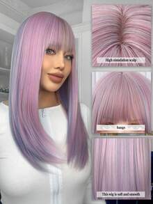 22英寸玫瑰粉紫色合成纖維防熱假髮,直髮和瀏海假髮,價格實惠的時尚女性假髮,日常使用初學者友好