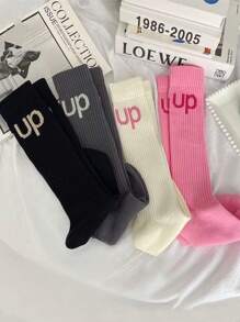 4秋天和冬季新款風格薄腿襪子,英語字母全部彈性壓力襪子,JK運動素色腿襪子 - 彩色 - 查看 1