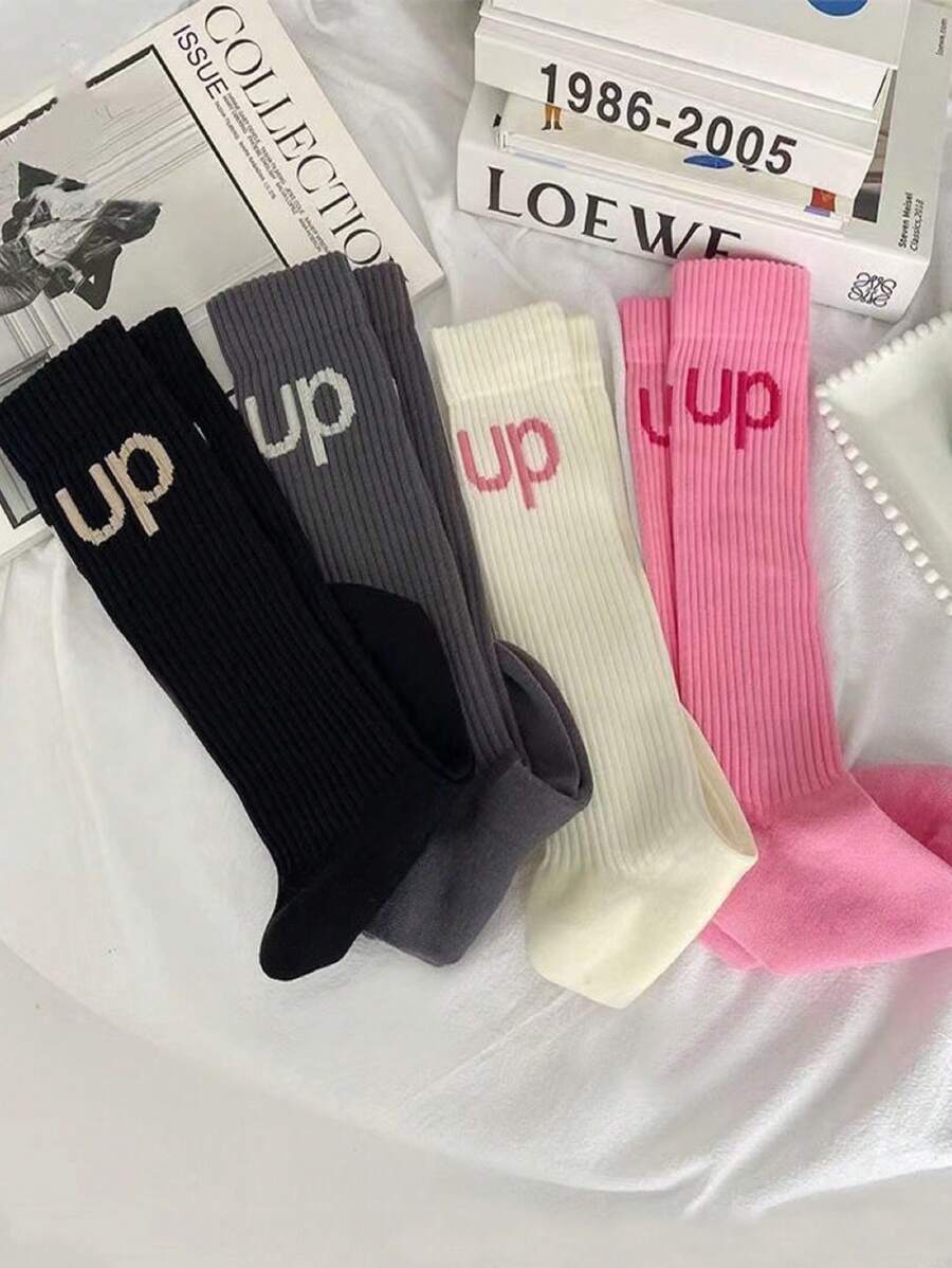 4秋天和冬季新款風格薄腿襪子,英語字母全部彈性壓力襪子,JK運動素色腿襪子 - 彩色 - 查看 1