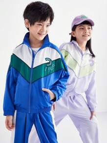 Annil 少女春秋裝休閒對比顏色長袖運動套裝藍色