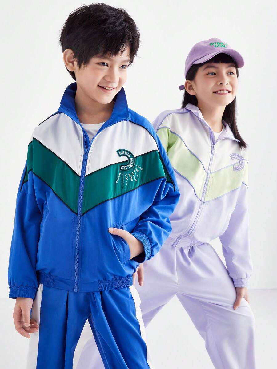 Annil 少女春秋裝休閒對比顏色長袖運動套裝藍色