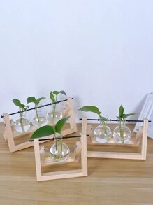 1 件创意木制架子玻璃水培花瓶绿植透明插花客厅桌面装饰简约风格最佳礼物 - 杏色 - 查看 1