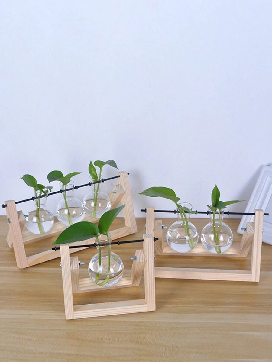 1 chiếc giá gỗ sáng tạo bình thủy tinh thủy canh cây xanh hoa trong suốt để trang trí bàn phòng khách, phong cách đơn giản quà tặng tốt nhất - Màu be - Xem 1