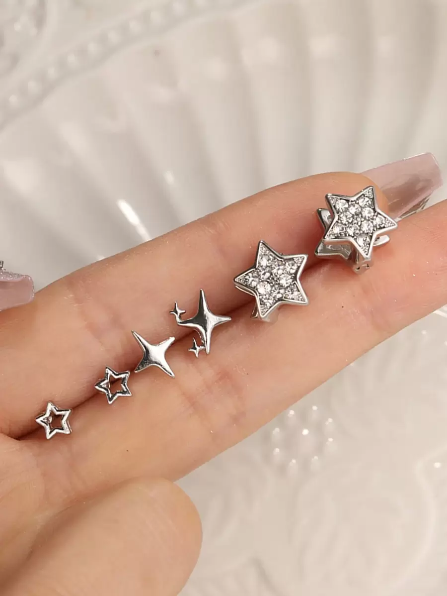 6pairs/set Star & Rhinestone Decor Stud Earrings Set For Women, Perfect For Dating And Vacation Gifting - Silver - View 1