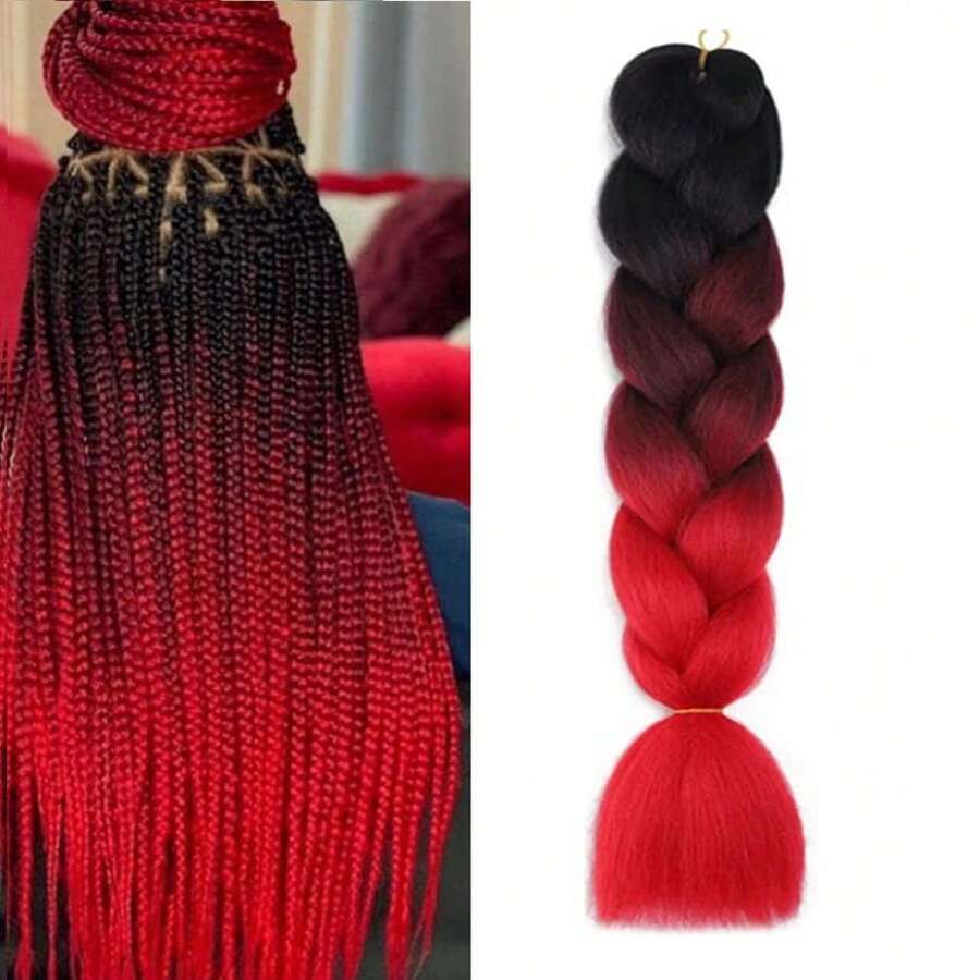 Ombre 巨型編織接髮 24 吋 1 件裝高溫合成纖維接發，適用於盒狀辮子編織頭髮 - 紅色 - 查看 1