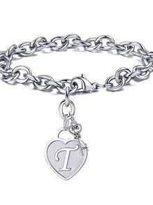 1pc Fashionable Heart Shaped Key & 26 English Letters Charm Bracelet, Chain Type