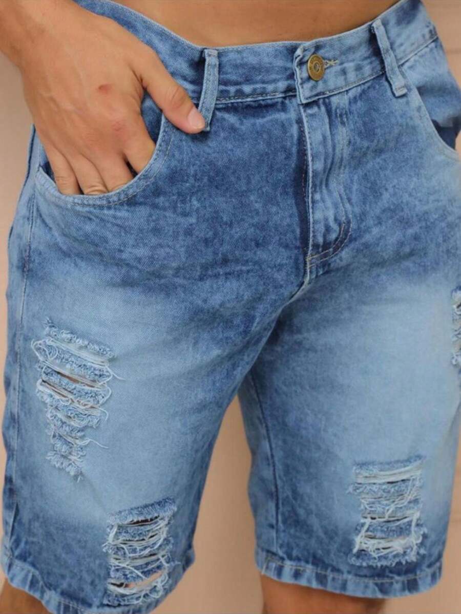 Men Denim Shorts - 中等水洗藍 - 查看 1