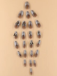 24pcs/Set Coffin Shaped False Nails With 1pc Nail File And 1pc Jelly Gel Press On Nails Nail Supplies