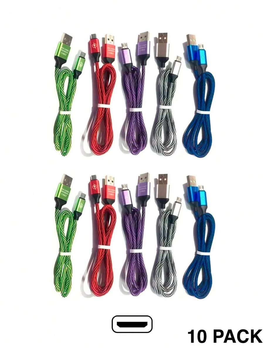 Pack 10 Piezas Cable V8 Micro Usb Tela Carga Rapida De Colores Rayo - Blanco - Ver 1
