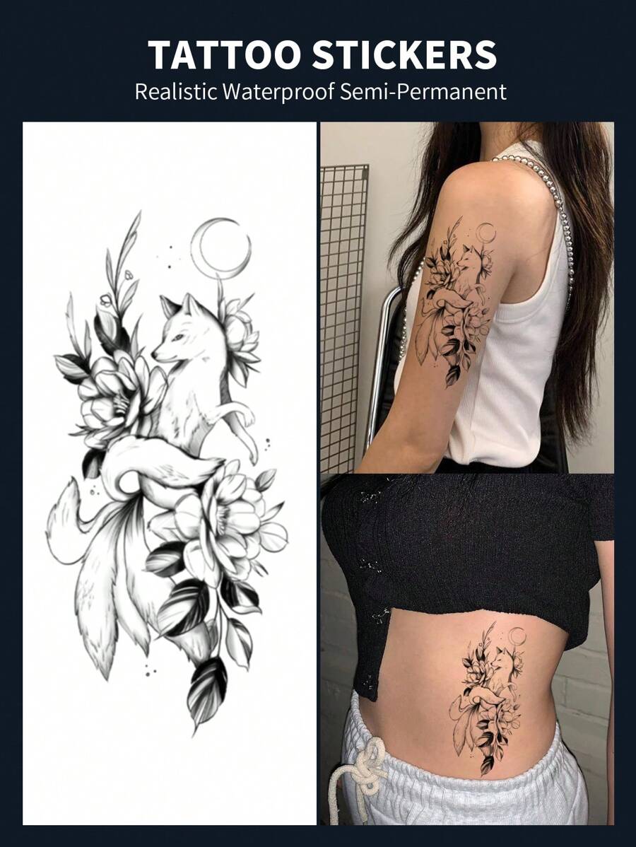 1张逼真防水半永久纹身贴纸，大图案，九尾狐与花朵，可持续7-15天，非常适合女性和女孩。 - 黑色 - 查看 1