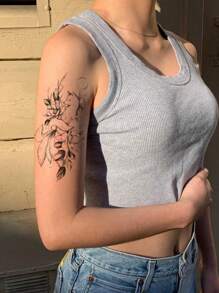 1张逼真防水半永久纹身贴纸，大图案，九尾狐与花朵，可持续7-15天，非常适合女性和女孩。 - 黑色 - 查看 4