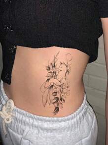 1张逼真防水半永久纹身贴纸，大图案，九尾狐与花朵，可持续7-15天，非常适合女性和女孩。 - 黑色 - 查看 3