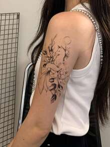 1张逼真防水半永久纹身贴纸，大图案，九尾狐与花朵，可持续7-15天，非常适合女性和女孩。 - 黑色 - 查看 2