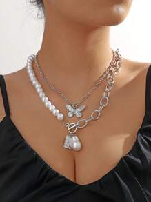 2pcs Butterfly Charm Necklace - Silver - View 2