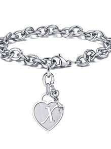 1pc Fashionable Heart Shaped Key & 26 English Letters Charm Bracelet, Chain Type