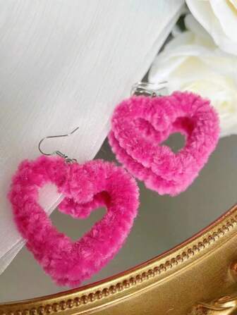 1pair Plushy Oversized Heart Shaped Dangle Earrings In Rose Red Color, Autumn Winter Style Valentines